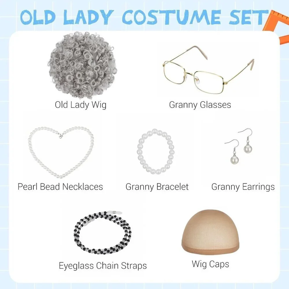 Old Lady Wig Costume Set for Women Gray Hair Granny Cosplay Halloween Party